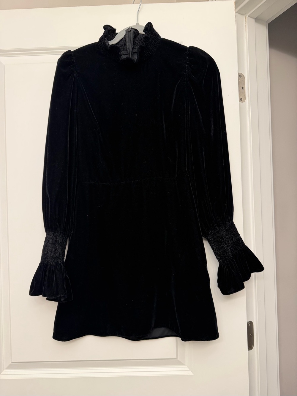 Zara Black Velvet Ruffled High-Neck Long-Sleeve Dress